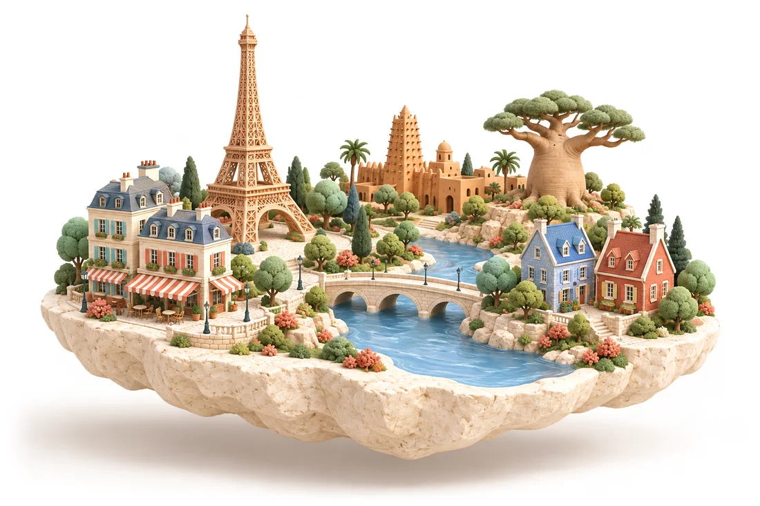 Une île flottante miniature : la tour Eiffel et un café parisien, une mosquée de terre, un baobab, des maisons québécoises et une rivière franchie par un pont de pierre.