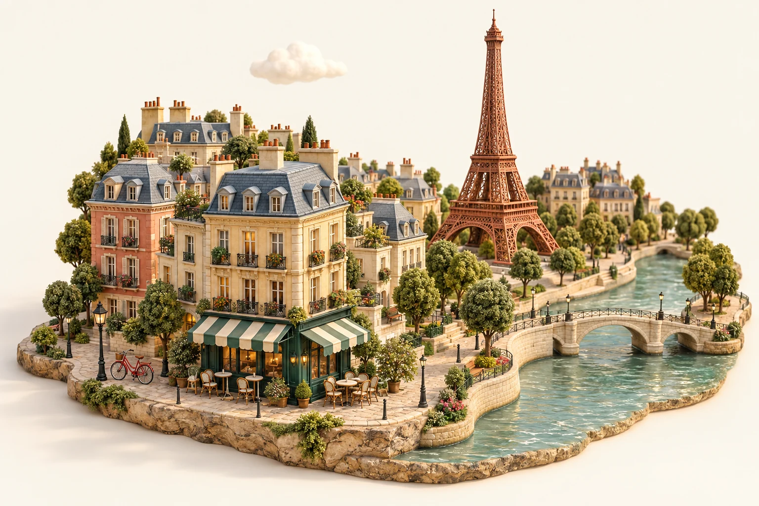 Una pequeña maqueta de París en 3D, con la Torre Eiffel, edificios de colores y un café junto al Sena.